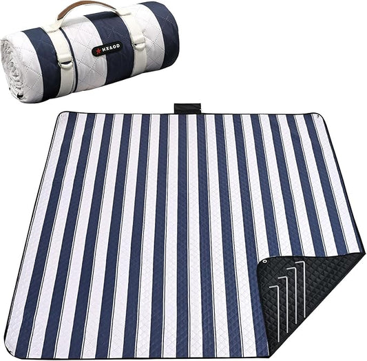 HX&OD Outdoor Picnic Blanket Extra Large, 80''*60'' Waterproof Picnic Mat with Stakes Foldable Camping Blanket Portable with Carry Strap for Beach Mat (Green& White, 80''*60'')-BubblyBeeBaby