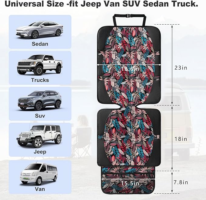 Car Seat Protector for Child Car Seat, 2 Pack Baby Car Seat Covers with Mesh Pockets & Non-Slip Backing 600D Durable Seat Protector Under Baby Car Seat for Car Back Seat (Red Leaves, Large)-BubblyBeeBaby