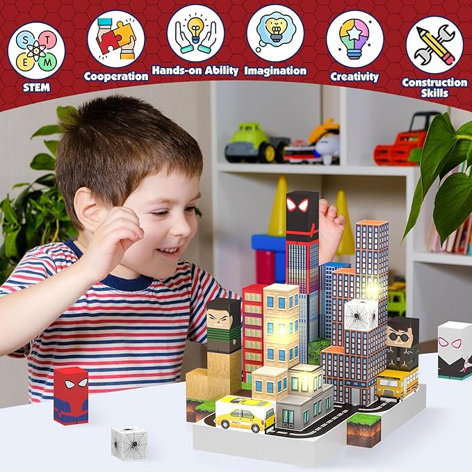 150 PCS Magnetic Blocks Building Toys Set, Spider Toys Light Up Magnetic Building Blocks for Boys Girls Ages 3+, 1 Inch Magnet Cubes STEM Sensory Construction Toy City Themes-BubblyBeeBaby