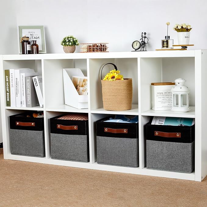 HNZIGE Fabric Cube Storage Baskets 11x11, Set of 4, Foldable Baskets with Handlesfor Organizer Closet(Black Gray)-BubblyBeeBaby