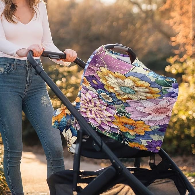 Binienty Durable Fabric Infants Carseat Canopies for Baby Girls Boys,Bohemian Flower Design, Baby Stroller Cover-BubblyBeeBaby