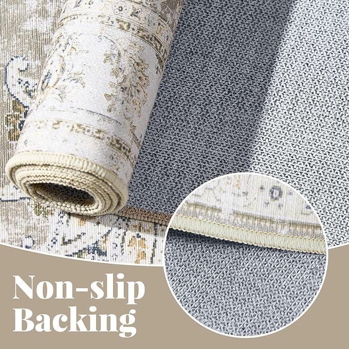 jinchan 4x6 Area Rugs for Bedroom - Machine Washable Distressed Vintage Floral Design Stain Resistant Boho Carpet Ultra-Thin Low Pile Non-Slip Rug for Living Room Dining Room Kitchen (4‘x6',Taupe)-BubblyBeeBaby