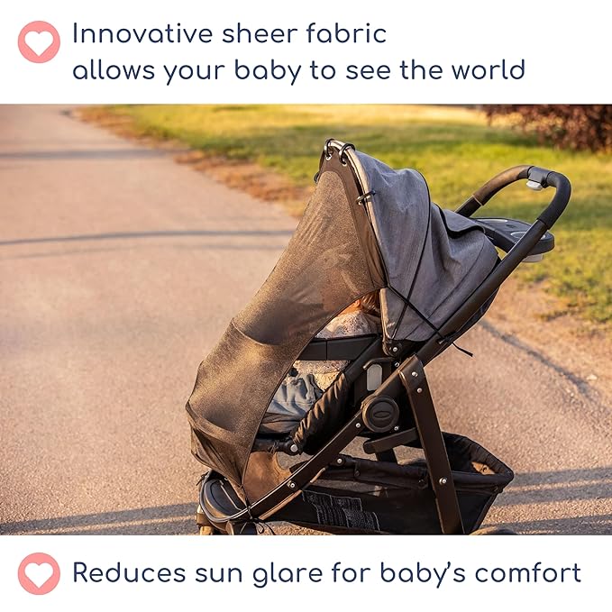 Stroller Sun Shade - Universal UV Protection Cover for Strollers Sunshade with See Through, Clip-On Sun Blocker, Sun Shield for Baby, Breathable Adjustable Fit, Full Coverage, L Black-BubblyBeeBaby