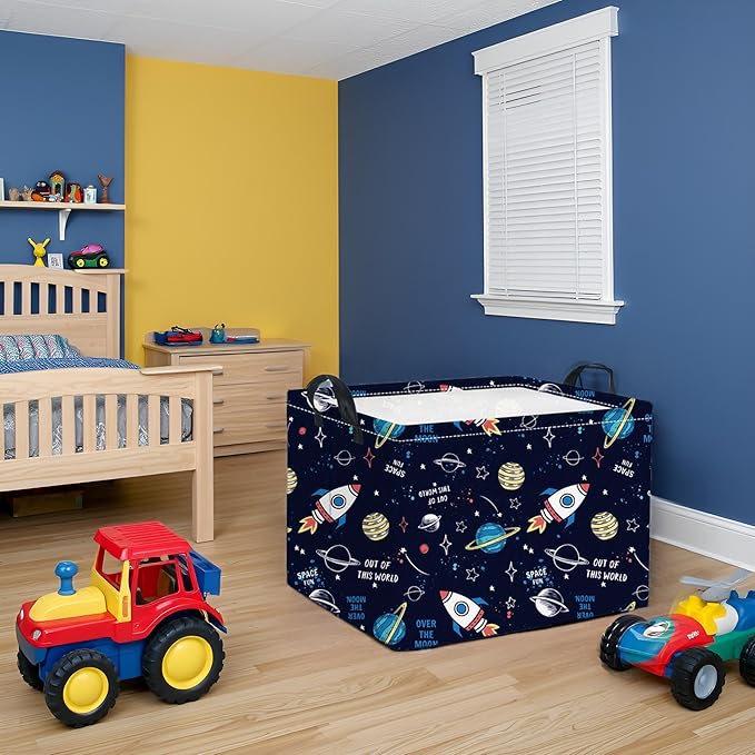 HIYAGON Rectangular Space Basket for Boys Baby Storage Basket Storage Bin Organizer Box Room Decor(Rocket Planet)-BubblyBeeBaby