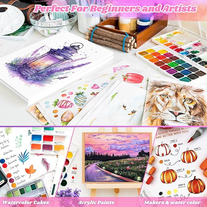 128 Sheets Watercolor Paper, Art Supplies for Kids, 7"x10" Cold Press Water Color Paper, 140lb/300gsm Artist Acrylic Painting Supplies for Adults, Watercolors, Paint Set, Colors, Sketchbook, Journal-BubblyBeeBaby