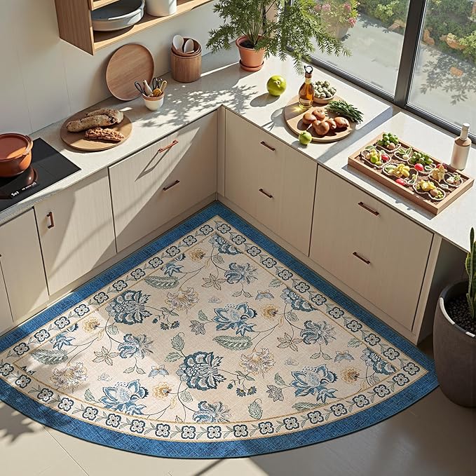 jinchan Floral Corner Rug for Entryway Washable Kitchen Rug Vintage Romance Design Non Slip Quarter Circle Lightweight Low-Pile Throw Carpet for Playroom Reading Nook Nursery, 4ft Radius, Blue/Beige-BubblyBeeBaby