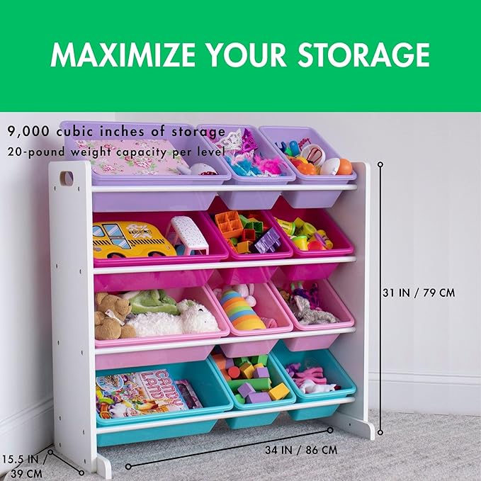 Humble Crew Kids Toy Storage Organizer with 12 Plastic Bins, White/Pink/Purple/Turquoise – Removable Bins for Playroom, Bedroom, Toddler Furniture for Boys and Girls Ages-BubblyBeeBaby