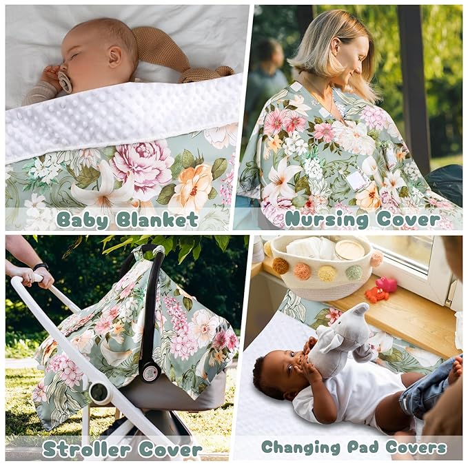 Car Seat Cover Baby, Flroal Infant Car Seat Canopy Covers for Newborn Girls Boys, Soft Breathable Minky Carseat Covers Stretchy Multi-Use Nursing Cover for Stroller Baby Car Seat, Green Leaf-BubblyBeeBaby