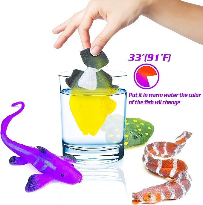 10PCS Sea Animal Figurines Bath Toys, Color Changing Ocean Fish Toys, Stretchy Realistic Animal Set, for Kids 3 and Up, for Themed Parties, Cake Topper, Classroom Rewards, Goodie Bag Filler-BubblyBeeBaby