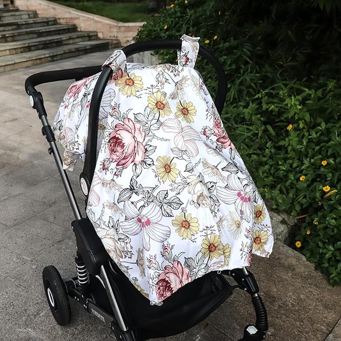Floral Baby Car Seat Canopy Soft Plush Dotted Backing Baby Car Seat Cover Girls, Infant Carseat Canopy, Stretchy Multi- use Nursing Cover for Stroller/High Chair/Shopping Cart/Car Seat Canopies-BubblyBeeBaby