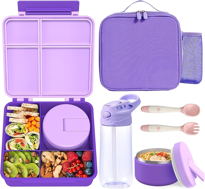 Kids Bento Lunch Box with 8oz Soup Thermo, Water Bottle, Kids Leakproof Lunch Food Containers with 4 Compartment, Insulated Hot Food Jar with Lunch Bag for School, Trvael (Purple)-BubblyBeeBaby