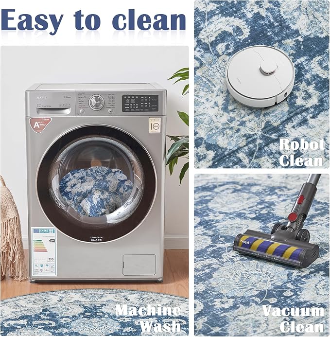 jinchan Round Rug 4ft Area Rug - Indoor Vintage Hallway Circle 4' Washable - Ultra-Thin Low Pile Soft Small Non Slip Distressed Floral Print for Living Room Dining Room Bedroom Entryway Dark Blue-BubblyBeeBaby