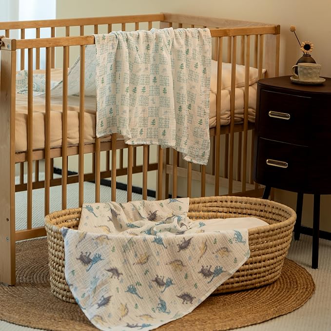 Muslin Swaddle Blankets for Newborn, 3 Pack Breathable Soft Receiving Blanket, Large 38 x 40 inches Swaddle Wrap Burping Clothes Diapers, Essentials Infant Shower Items, Toddler Gift (Blue Dinosaur)-BubblyBeeBaby