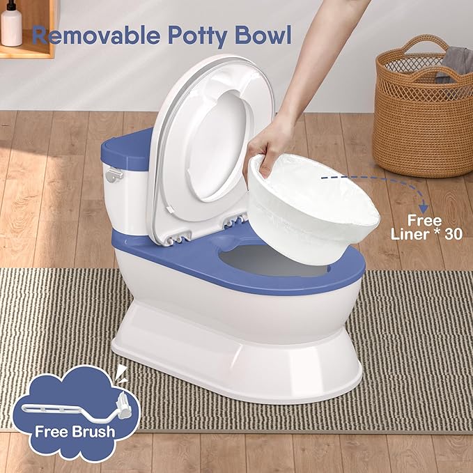 2-in-1 Toddler Potty Training Toilet - Larger Potty Chair & Detachable Training Seat for Boys & Girls Ages 1-3 with Flushing Sound, Wipes Storage, Toilet Paper Holder - Blue-BubblyBeeBaby