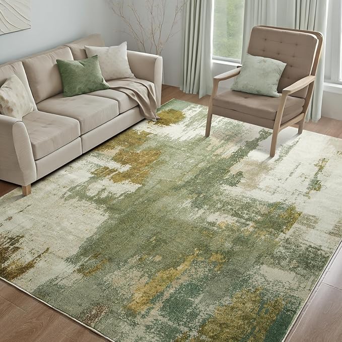 Kelarea Living Room Rug, 6x9 Rug Modern Abstract Washable Rugs Green Faux Wool Vintage Carpets, Non Slip Rugs for Bedroom, Dining Room, College Dorm, Kids Playroom, Home Office-BubblyBeeBaby