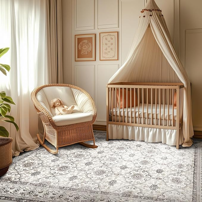 jinchan Floral 5x7 Area Rugs for Bedroom - Machine Washable Vintage Distressed Boho Design Throw Rug Stain Resistant Carpet Low-Pile Thin Non-Slip for Nursery Living Room Dining Room (5‘x7',Beige)-BubblyBeeBaby