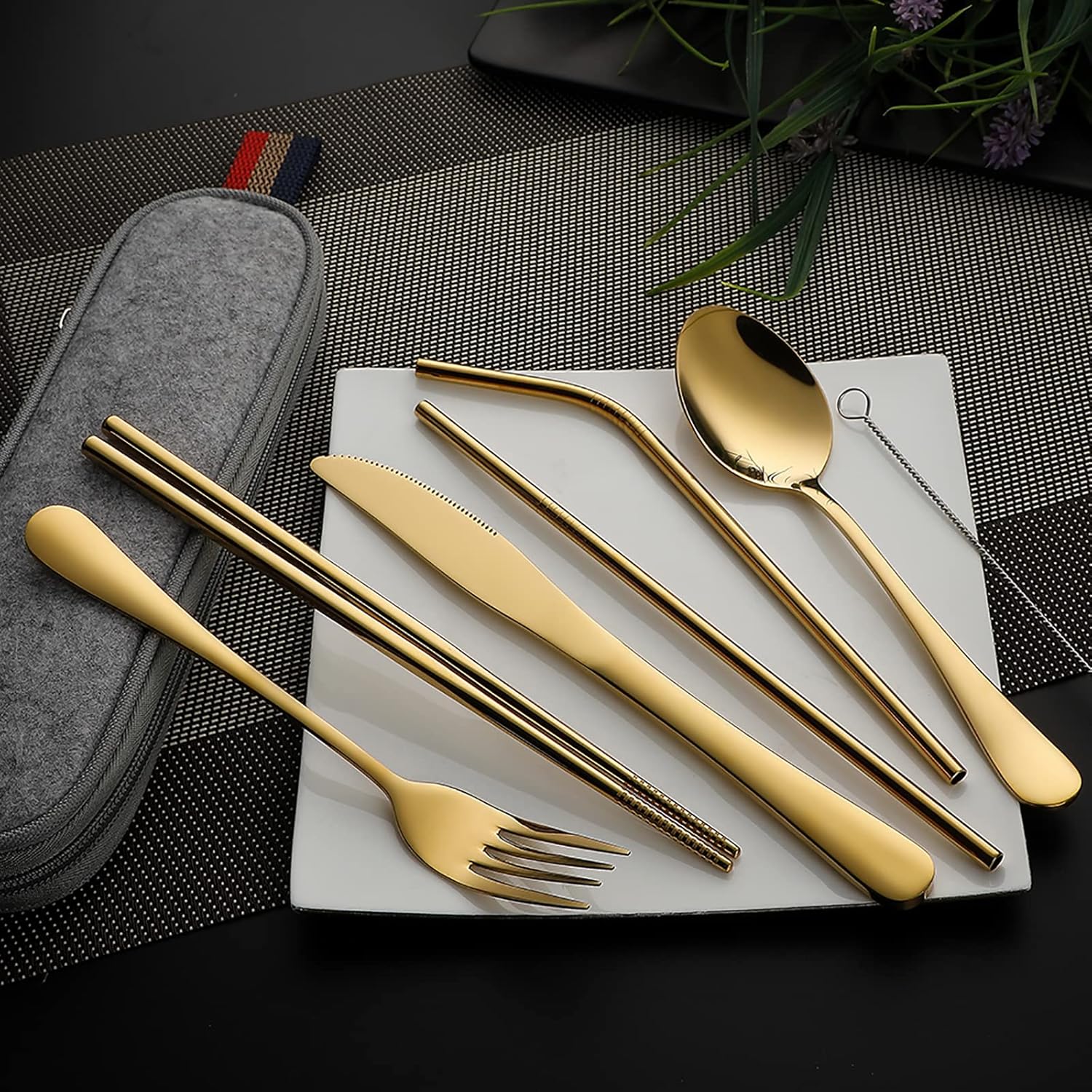 DEVICO Portable Utensils, Travel Camping Cutlery Set, 8-Piece including Knife Fork Spoon Chopsticks Cleaning Brush Straws Portable Case, Stainless Steel Flatware set (Gold)