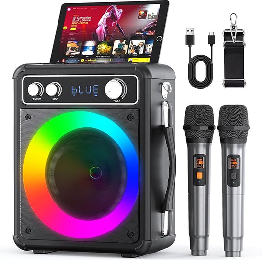 Karaoke Machine, Portable Bluetooth Karaoke Speaker with 2 Wireless Microphones, PA System for Adults Kids with LED Lights, Supports FM/AUX/USB/TF for Home Party-BubblyBeeBaby