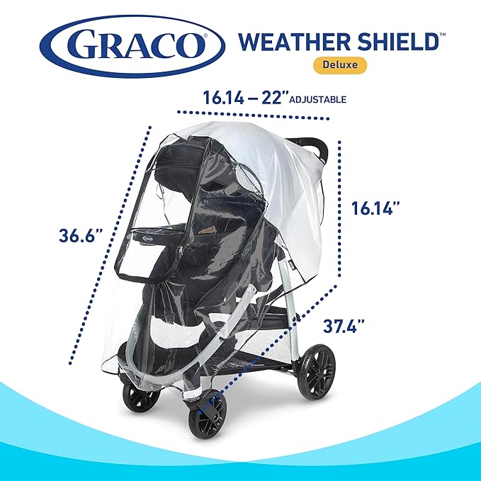 Graco Univeral Deluxe Weather Shield with Zippered Window, Baby Rain Cover, Universal Size to fit Most Stollers, Waterproof, Windproof, Ventilation, Protection, Shade, Umbrella, Pram, Vinyl, Clear-BubblyBeeBaby