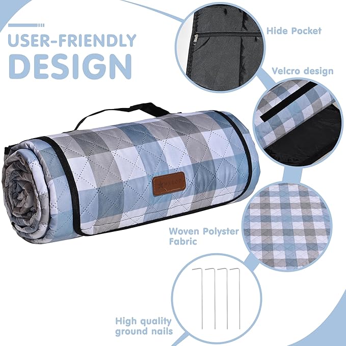 HX&OD Outdoor Picnic Blanket, Extra Large, 80''x80'' Waterproof Foldable Blankets Gingham Picnic Mat for Beach, Camping Grass Lawn Park Accessories Cute Couple Ideas Wedding (Coffee Color, 80”x80”)-BubblyBeeBaby