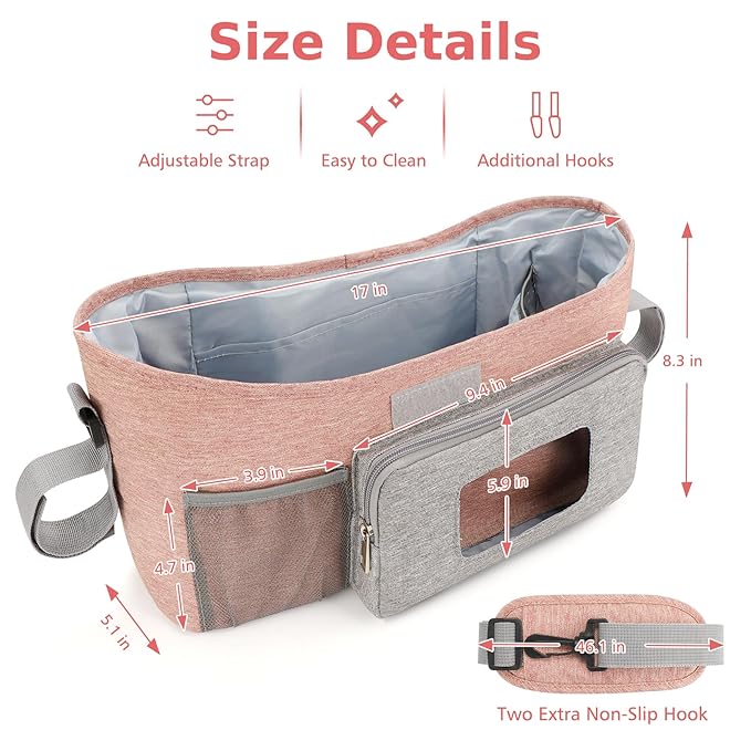 Accmor Universal Stroller Organizer with Insulated Cup Holder, Stroller Caddy Bag Accessories, Stroller Cup Holder Organizer for Uppababy Baby Jogger Britax Stroller, Pink-BubblyBeeBaby