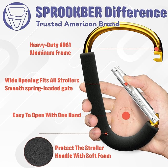 sprookber 6.7 Inch Large Stroller Hooks for Diaper Bags & Purses, Heavy Duty Mommy Hooks for Shopping, Grocery, Backpack – Baby Stroller Accessories, Set of 2 (Gold)-BubblyBeeBaby