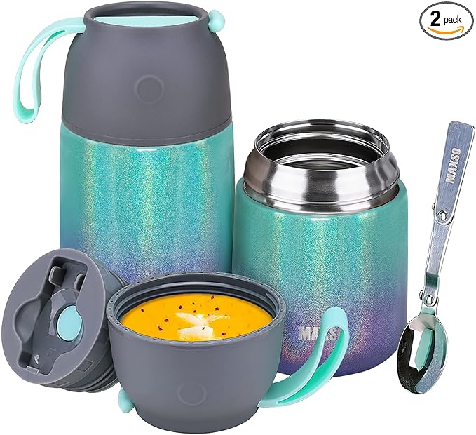 Insulated Thermo Food Jar for Hot & Cold Food for Kids Adult, 17&24 oz Soup Thermal Hot Food Containers for Lunch, Triple Layer Insulation Stainless Steel Food Jar with Spoon(2 Pack Rainbow)-BubblyBeeBaby