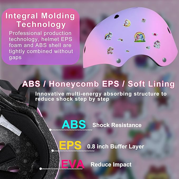 Kids Bike Helmet with DIY Stickers and Knee Pads Elbow Pads Wrist Guard Set for Ages 3-8-14 Toddler Boys Girls Helmet for Roller Skates Cycling Skateboarding Bicycle Scooter-BubblyBeeBaby