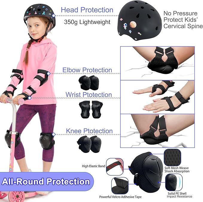 Kids Bike Helmet with DIY Stickers and Knee Pads Elbow Pads Wrist Guard Set for Ages 3-8-14 Toddler Boys Girls Helmet for Roller Skates Cycling Skateboarding Bicycle Scooter-BubblyBeeBaby