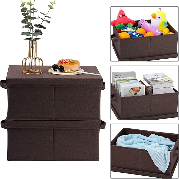 HOONEX Linen Foldable Storage Bins with Lids, 2 Pack, Storage Boxes with Carrying Handles and Sturdy Heavy Cardboard, 16.5" L x 11.8" W x 7.5" H for Shoes, Clothes, Brown-BubblyBeeBaby