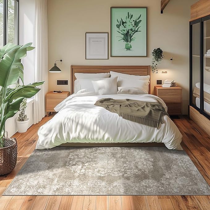 jinchan Washable Area Rug 6x9 for Living Room - Soft Faux Wool Ultra-Thin Stain Resistant Non-Slip Distressed Vintage Floral Large Carpet for Bedroom,Dining Room,Home Office,Nursery(Brown, 6'x9')-BubblyBeeBaby