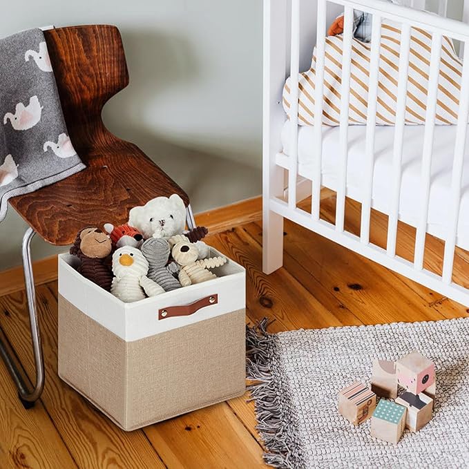 HNZIGE Fabric Baskets for Organizing 13x13 Storage Cubes, Set of 4 Fabric Foldable Canvas Storage Bins for Shelves, Cloth Storage Bins for Cube Organizers Toy Nursery Closet Bedroom?Beige&White?-BubblyBeeBaby