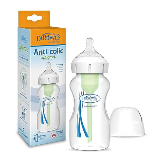 Dr. Brown's Natural Flow Anti-Colic Options+Wide-Neck Baby Bottle,9 oz/270 mL,Level 1 Nipple,1-Pack,0m+-BubblyBeeBaby