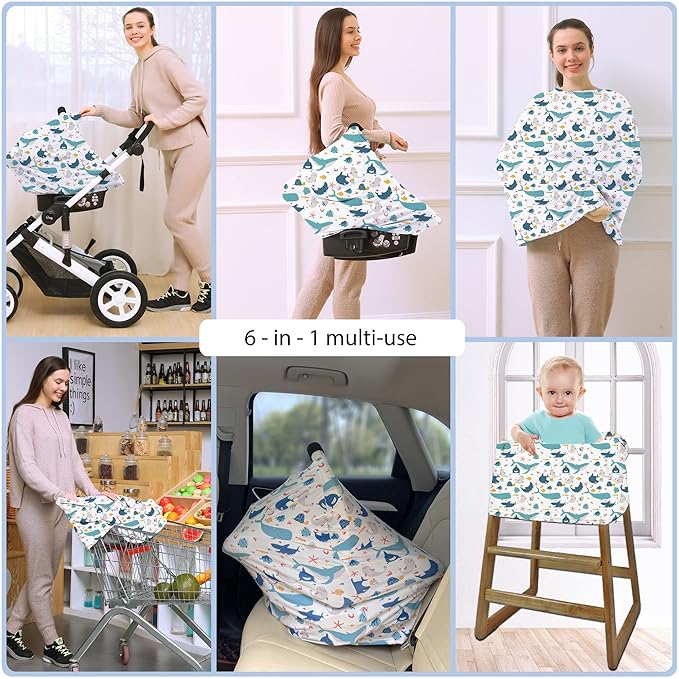 Car Seat Covers for Babies - Multi- use Nursing Carseat Canopy, Breastfeeding Covers, Baby Shower Gifts for Boys and Girls (sea World)-BubblyBeeBaby