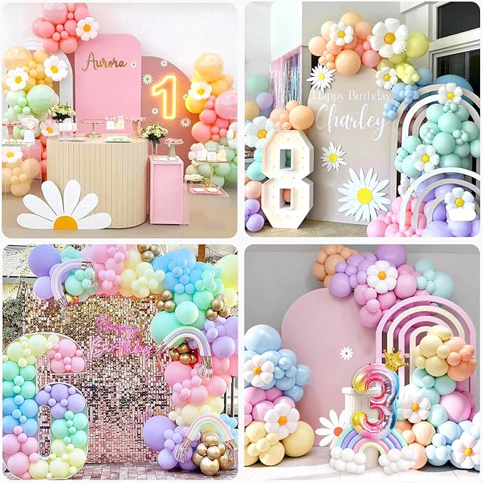 219Pcs Daisy Balloon Arch Garland Kit - Pastel Rainbow Balloons Arch Kit with Daisy Balloons,Banner,Cake Toppers,12 3D Butterfly, for Birthday Party, Baby Shower, Flower Themed Party Decorations-BubblyBeeBaby