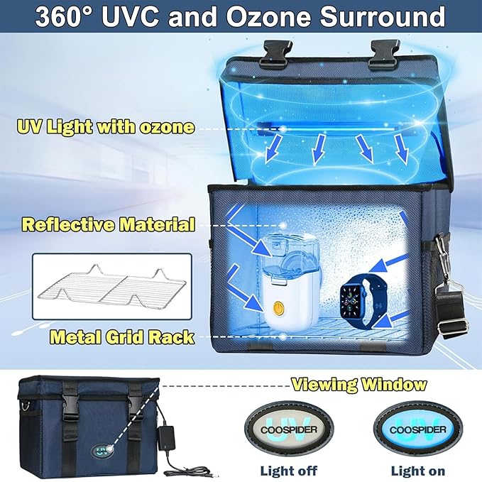 UVC Sanitizer Ozone Box with Timer, Foldable Large Cleaner UV Bag w/strap and USB Port, Portable UVC Light Tote 185nm wavelength for Mask, Cell Phone, Key, Towel 12L/3.17 gal-BubblyBeeBaby