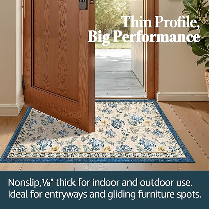 jinchan 3x5 Floral Rug for Entryway Washable Kitchen Rug Vintage Romance Design Small Mat Non Slip Indoor Doormat Lightweight Low-Profile Throw Carpet for Entrance Bathroom Laundry Room, Blue/Beige-BubblyBeeBaby