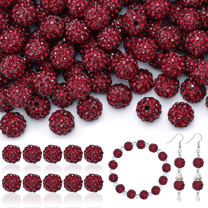 200pcs 10mm Rhinestone Beads for Jewelry Making, Dark Red Shiny Round Disco Ball Beads Bulk, Sparkle Crystal Clay Christmas for Bracelet Baseball Necklace Earring Crafting and DIY-BubblyBeeBaby