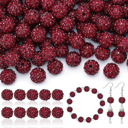 200pcs 10mm Rhinestone Beads for Jewelry Making, Dark Red Shiny Round Disco Ball Beads Bulk, Sparkle Crystal Clay Christmas for Bracelet Baseball Necklace Earring Crafting and DIY-BubblyBeeBaby