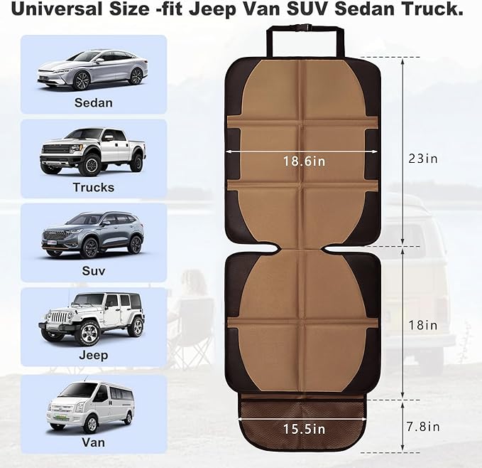 Car Seat Protector, 2 Pack Baby CarSeat Covers with Mesh Pockets & Non-Slip Backing 600D Durable Seat Protectors Under Car Seat for Baby (Black & Brown, Large)-BubblyBeeBaby