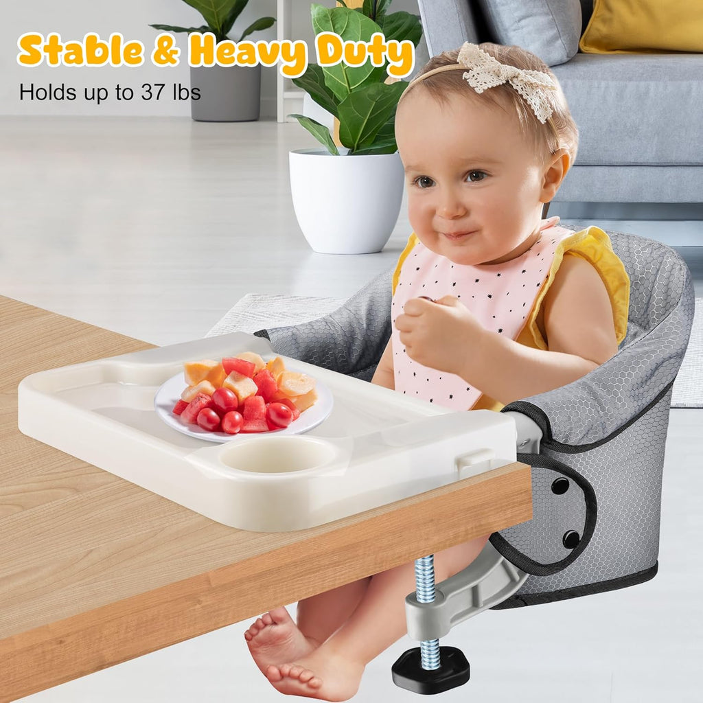 Hook On Chair with Removable Dining Tray,Folding Baby Chair, Portable Table High Chair with Storage Bag for Indoor/Outdoor, Grey