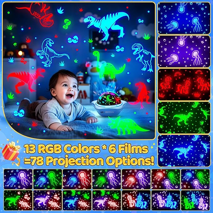 Jellyfish Baby Night Light Projector, Dinosaur+Jellyfish+Unicorn Night Light Projector, 96 Projection Options+USB Rechargeable Baby Sleeping Toys Baby Gifts,Jellyfish Lamp Baby Toys Baby Gifts Newborn-BubblyBeeBaby