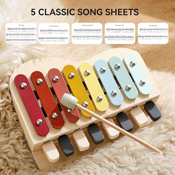 IEATFO 2-in-1 Piano Xylophone Wooden Musical Toy for Toddlers 1-3, Educational Musical Learning Instruments with 8 Colorful Keys, 5 Classic Song Sheets, Montessori Sensory Music Set for Girls Boys-BubblyBeeBaby