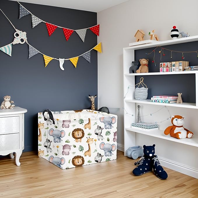 HIYAGON Rectangular Woodland Animal Basket Baby Storage Basket Storage Bin Organizer Box Animal Room Decor(Animal Basket)-BubblyBeeBaby