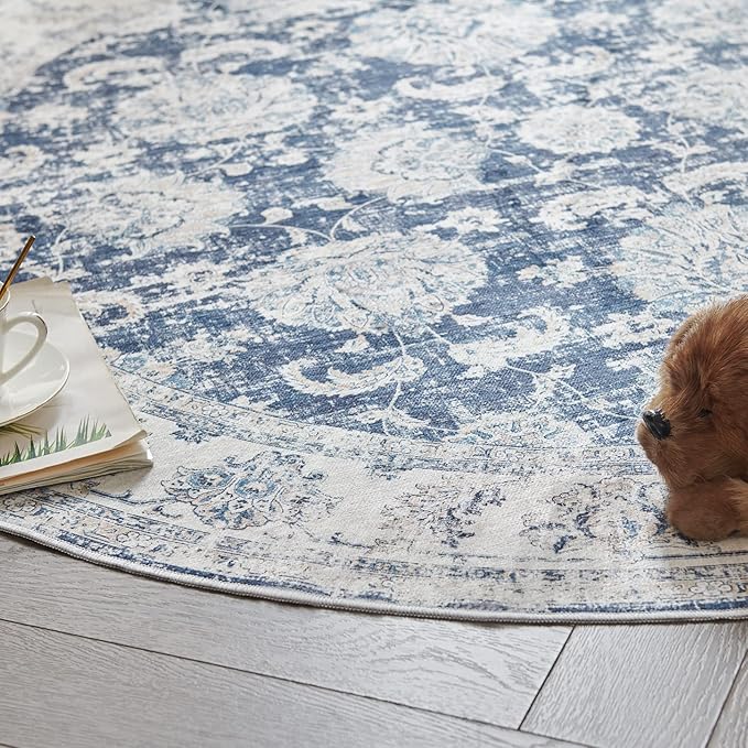 jinchan Round Rug 6ft Area Rugs Vintage Floral Distressed Design - Machine Washable Non-Slip Low-Pile Ultra-Thin Circle Rug for Entryway Bedside Living Room Dining Room Bedroom (6' Round,Dark Blue)-BubblyBeeBaby