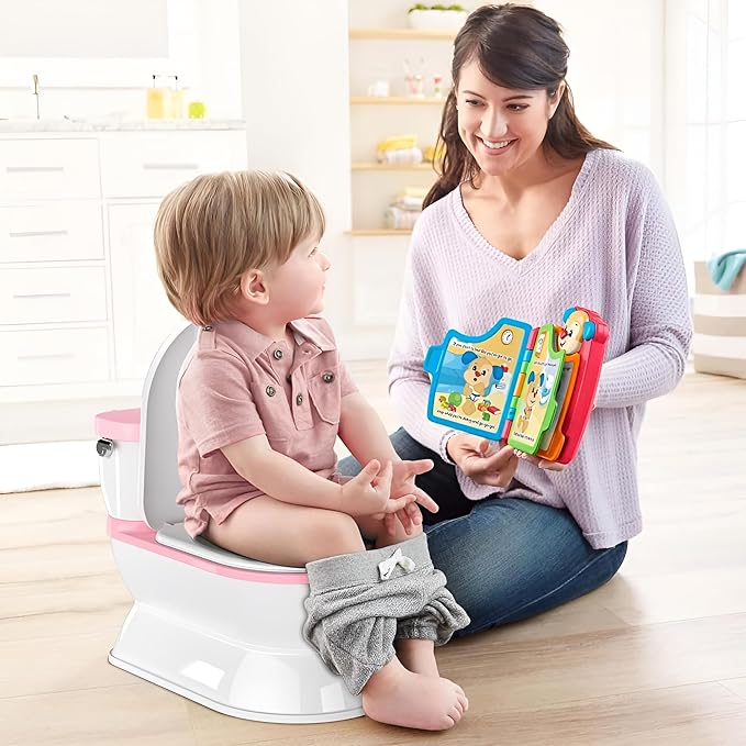 2-in-1 Toddler Potty Training Toilet - Larger Potty Chair & Detachable Training Seat for Boys & Girls Ages 1-3 with Flushing Sound, Wipes Storage, Toilet Paper Holder - Pink-BubblyBeeBaby