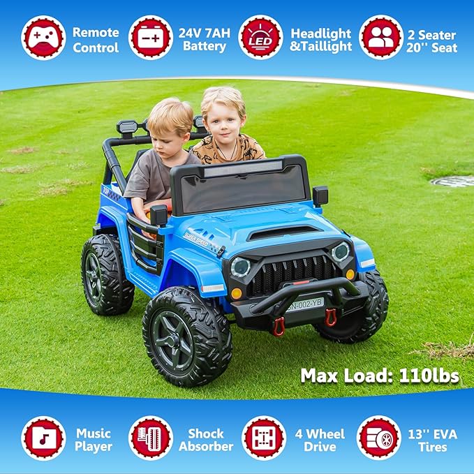 24V 2 Seater Ride On Truck with Remote Control 4WD Electric Car for Kids Ride On Car Battery Powered Ride On Toy Car with Music Player, LED Lights, Bluetooth, Rear Shock Absorber, Blue-BubblyBeeBaby
