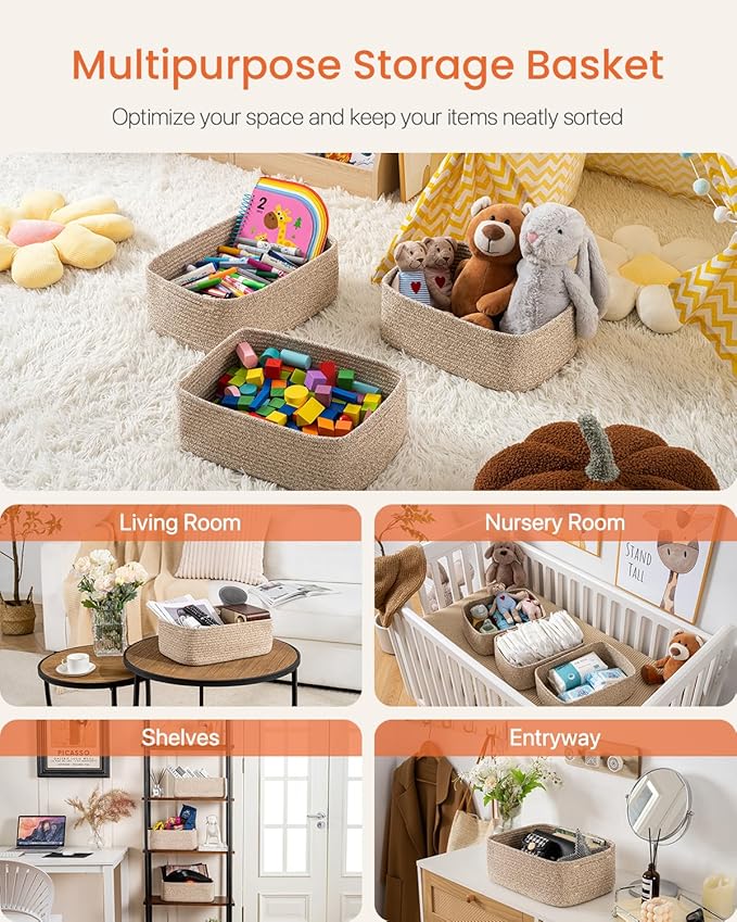 KALLAX Small Woven Basket, 13.5 x 9.5 x 5 Inches, Storage Basket for Organizing, Cute Small Rope Shelf Closet Cube Storage Bins Baskets for Shelves, Dog Toy Gift Baskets Empty, 3 Packs, Mixed Brown-BubblyBeeBaby