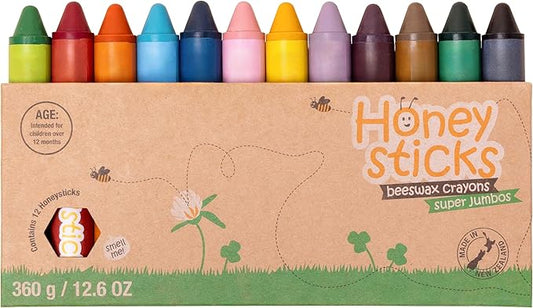 Honeysticks Super Jumbo Crayons (12 Pack) - Non Toxic Crayons for Kids - 100% Pure Beeswax and Food Grade Colors - For Toddlers 1-3, Unbreakable, Extra Large, Easy to Hold and Use, Eco-Friendly-BubblyBeeBaby