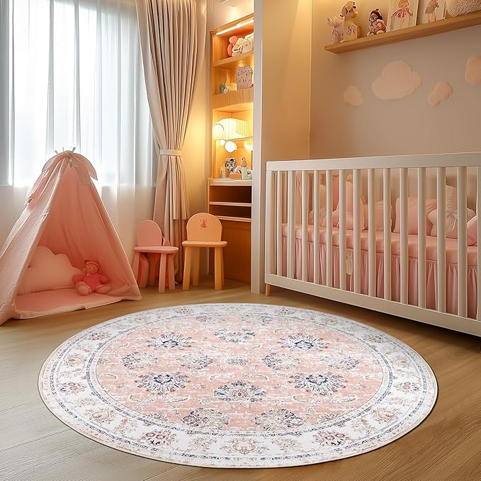 jinchan Round Rug 4ft Area Rugs Vintage Floral Distressed Design - Machine Washable Non-Slip Low-Pile Ultra-Thin Circle Rug for Entryway Bedside Living Room Dining Room Bedroom (4' Round,Pink)-BubblyBeeBaby